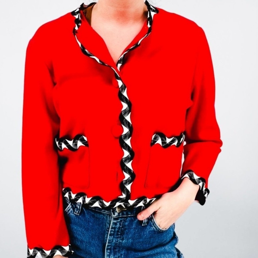 Outlander Vintage Red Cotton Knit Cardigan Sweater Wavy Checkered Trim Large